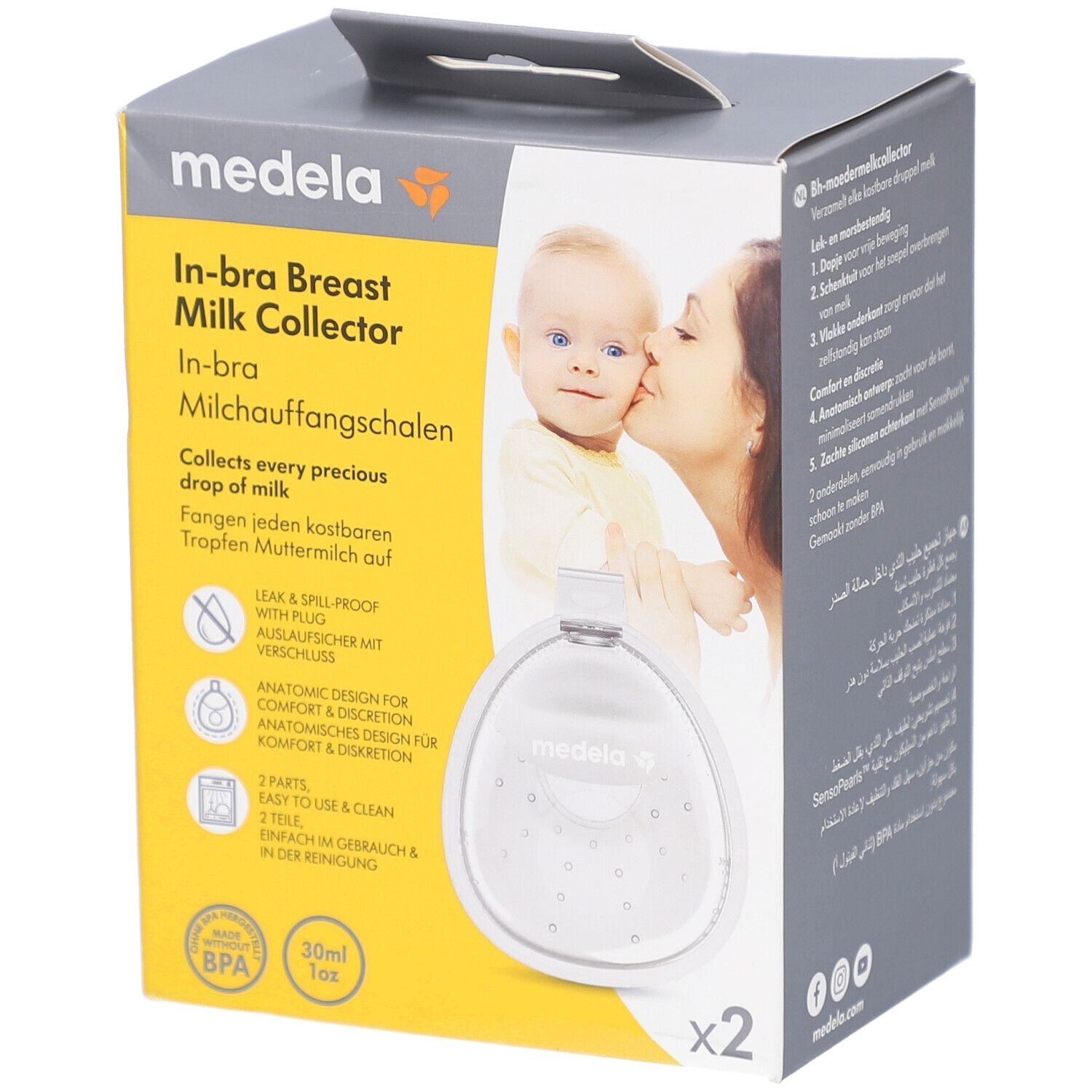 Boîte de Medela In-bra. Contient deux collecteurs de lait transparents. Informations produit et logo imprimés.