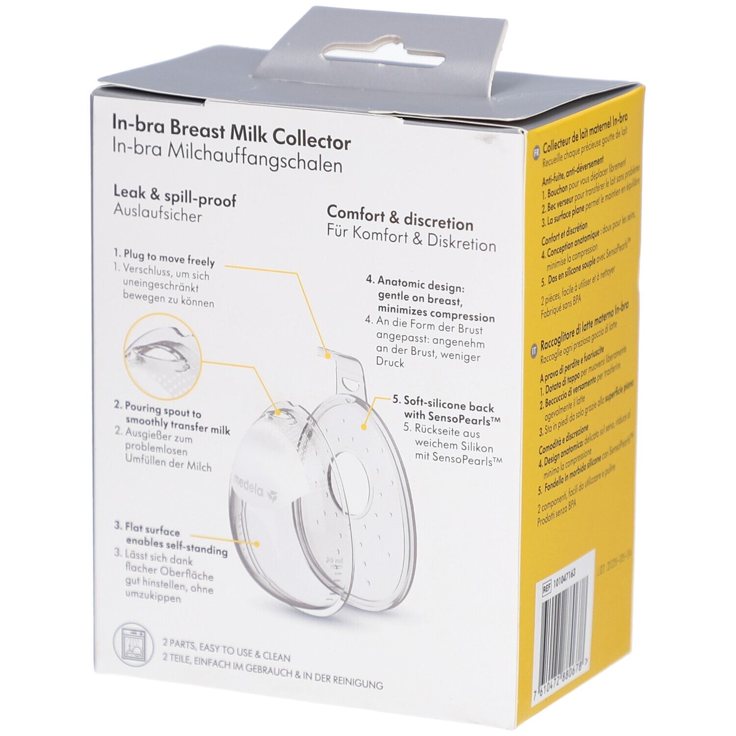 Dos de la boîte Medela In-bra. Illustrations des caractéristiques du produit. Texte multilingue.