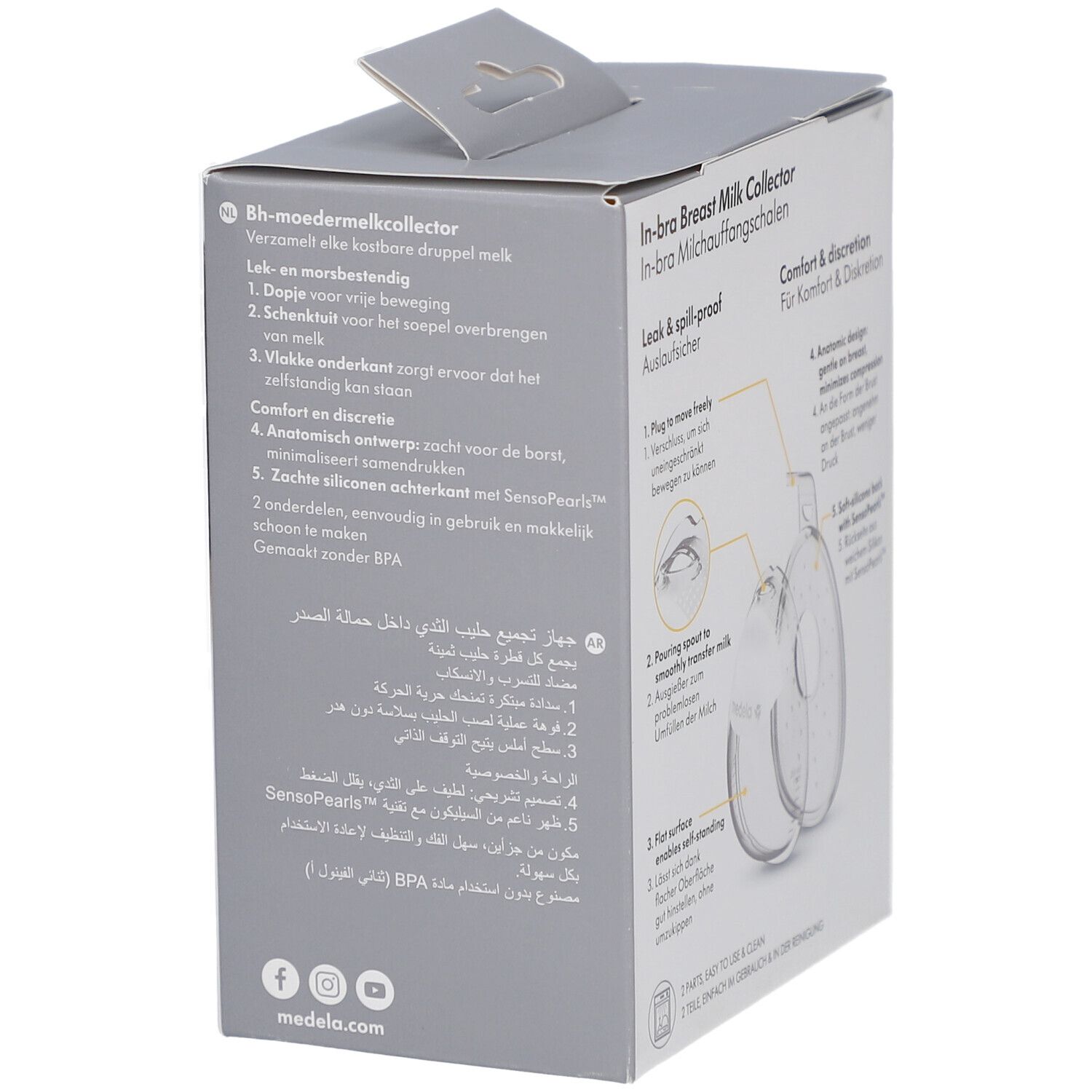 Dos de la boîte Medela In-bra. Texte multilingue. Caractéristiques du produit et illustrations.