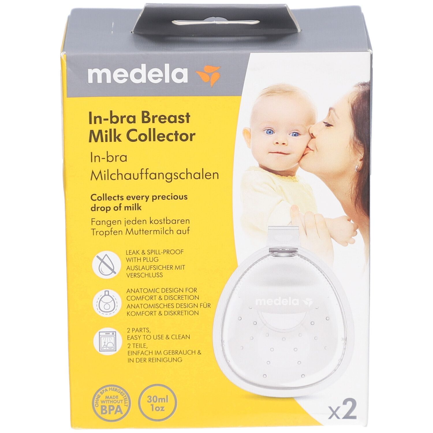 Boîte Medela In-bra. Deux collecteurs de lait transparents. Logo et informations sur le produit.