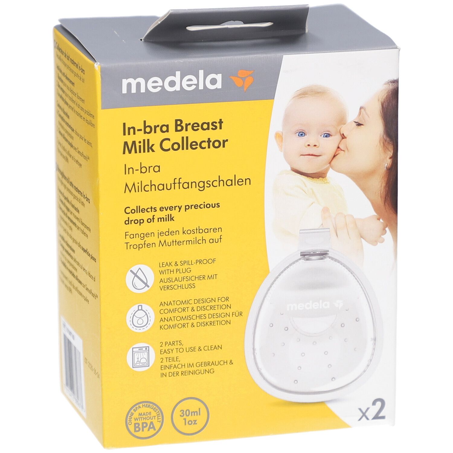 Boîte Medela In-bra. Deux collecteurs de lait transparents. Logo et informations sur le produit.