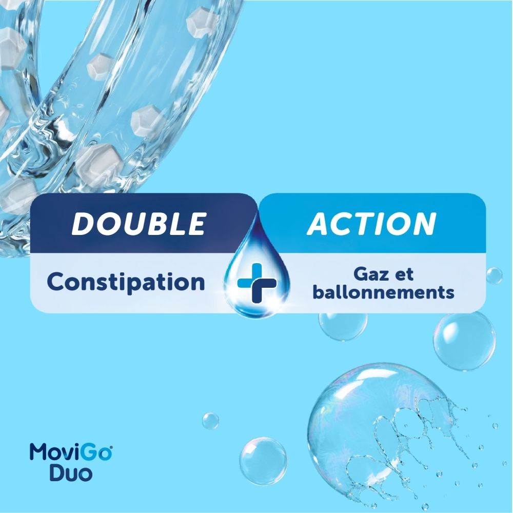 Movigo Duo : Double action contre la constipation et les ballonnements. Solution buvable.