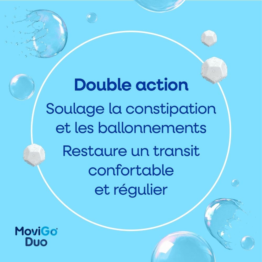 Movigo Duo : Double action contre la constipation et les ballonnements. Solution buvable.