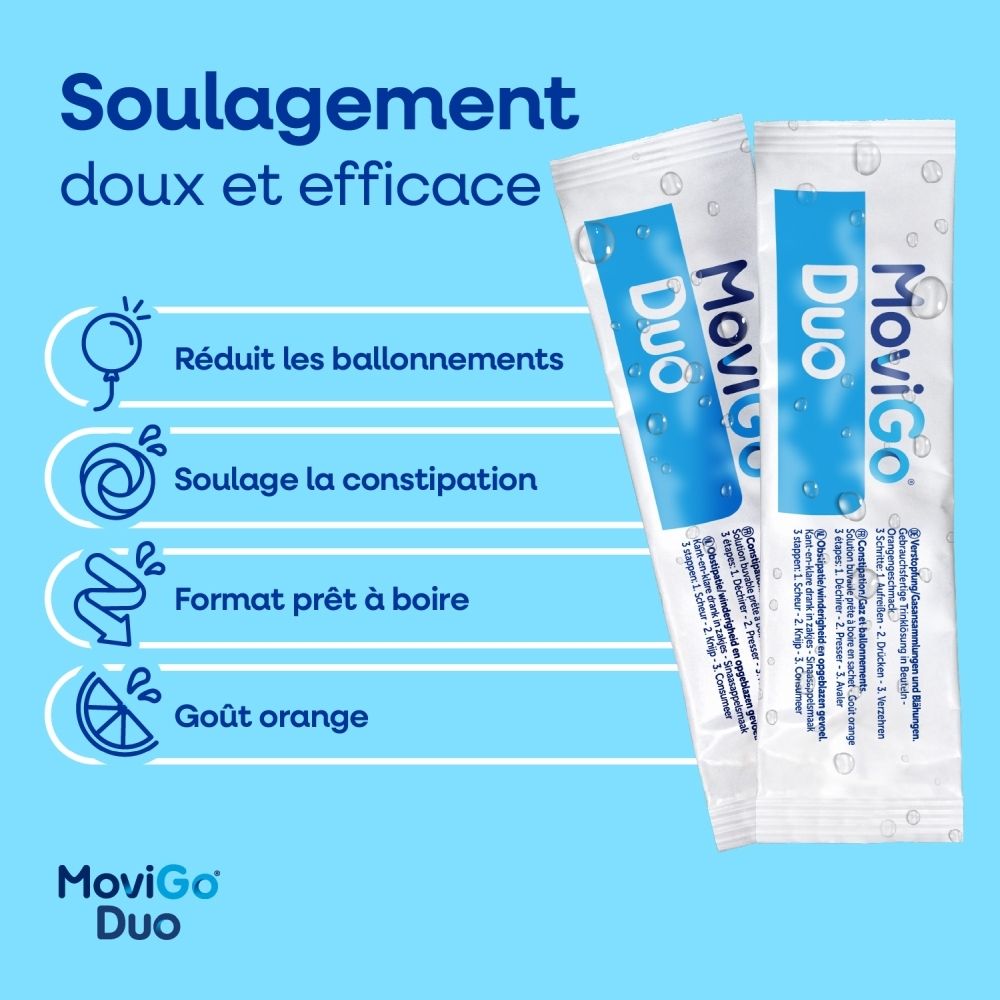 Movigo Duo : Double action contre la constipation et les ballonnements. Solution buvable.