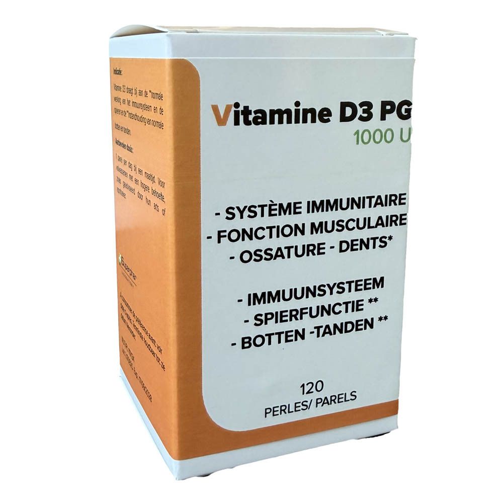 Boîte de Vitamine D3 PG 1000 UI. Accents orange. Texte en français et néerlandais. 120 perles.
