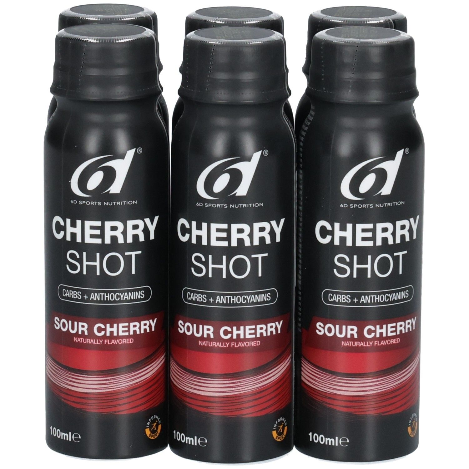 Six bouteilles 6D Cherry Shot Sour Cherry, 100ml chacune.