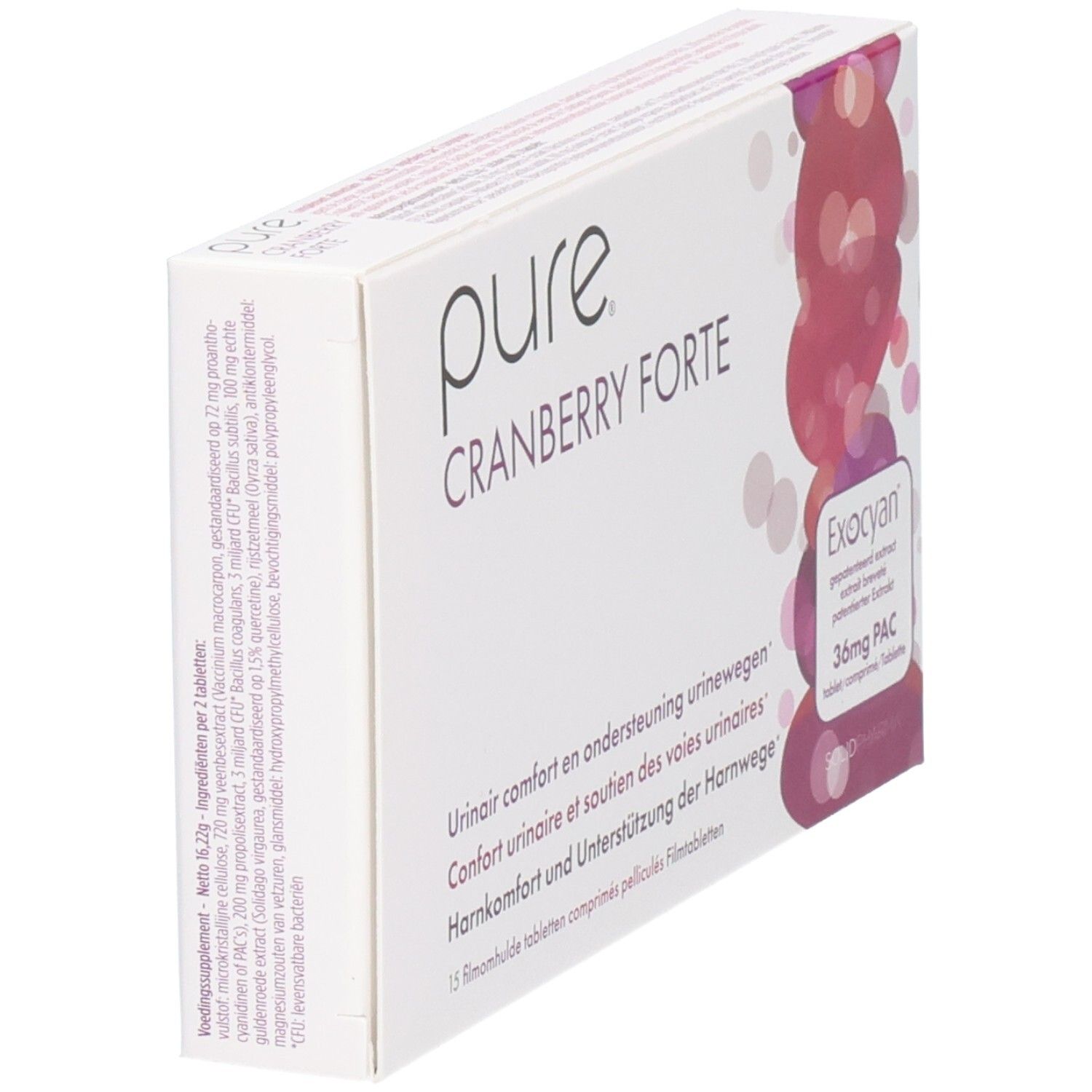 Boîte Pure Cranberry Forte en biais. Texte: Pure Cranberry Forte. Logo Exocyan. Texte multilingue.
