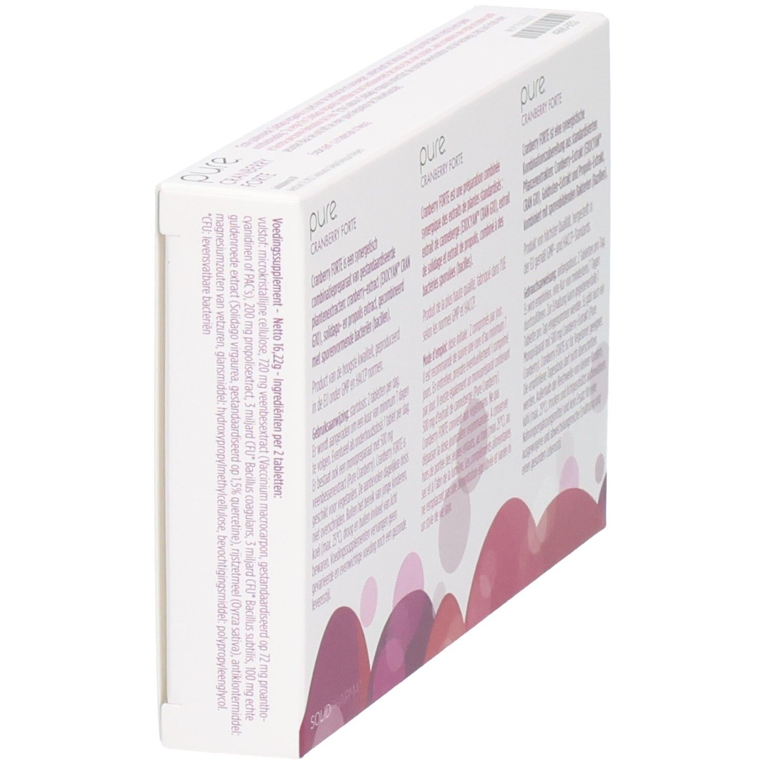 Côté de la boîte Pure Cranberry Forte. Texte multilingue. Logo Solidpharma.