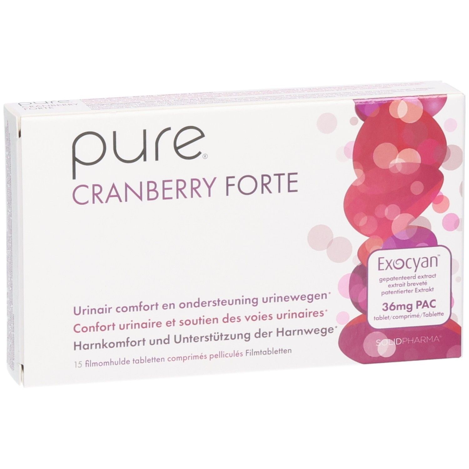 Boîte blanche avec texte Pure Cranberry Forte, 15 comprimés. Logo Exocyan, 36mg PAC. Inscriptions en plusieurs langues.