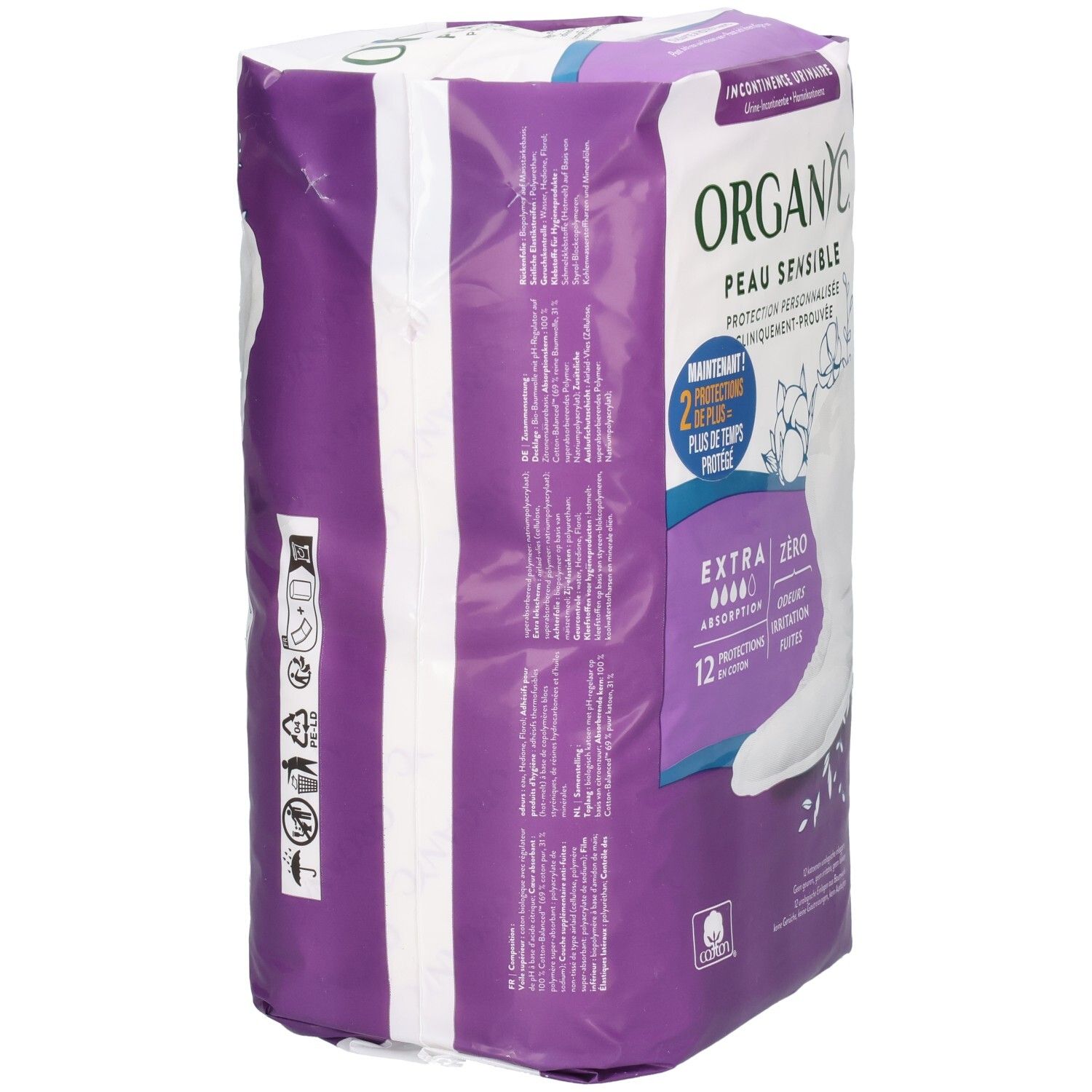 Vue latérale du paquet de protections Organyc. Texte et symboles sur fond violet. Informations sur le produit.