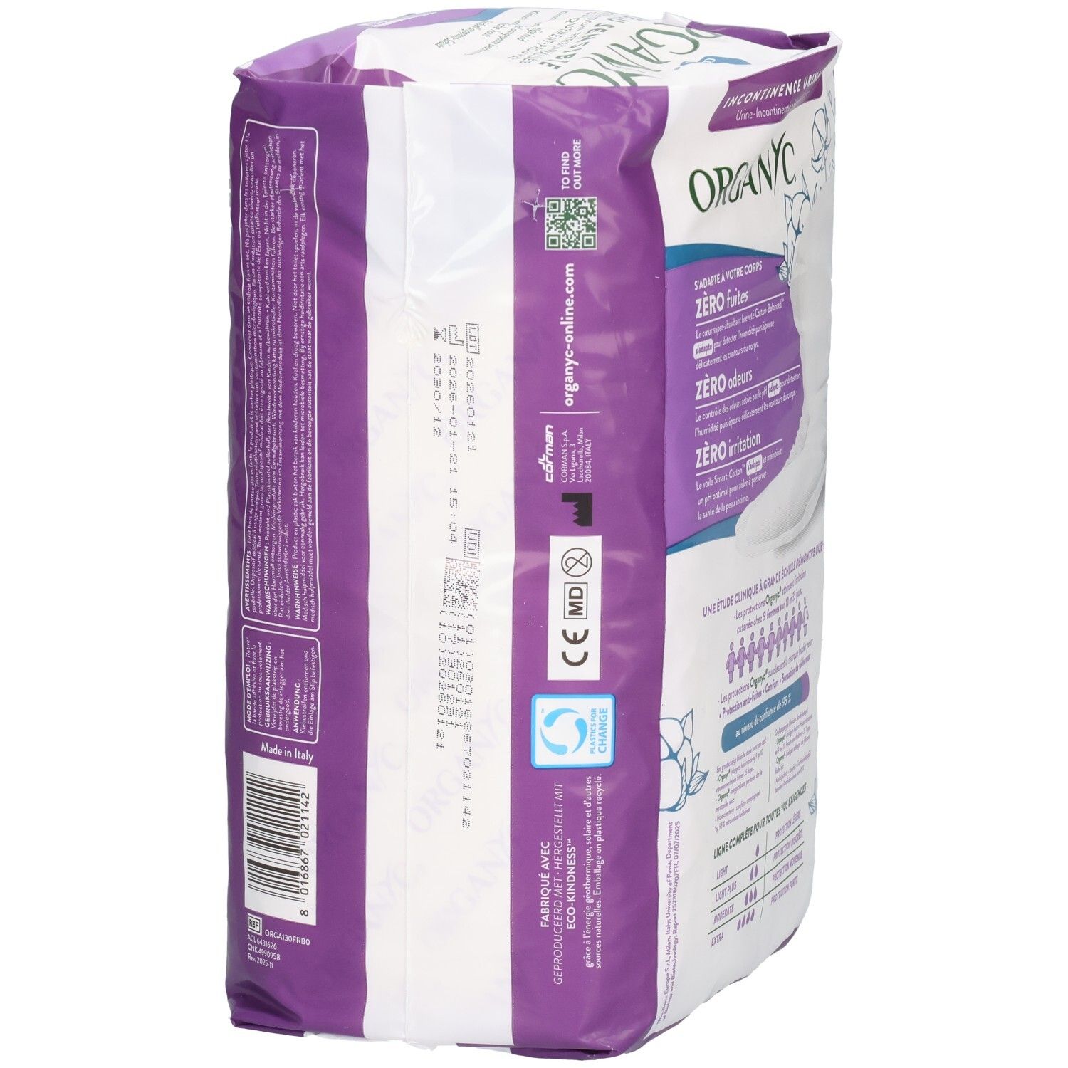 Vue latérale du paquet de protections Organyc. Texte et symboles sur fond violet. Informations.