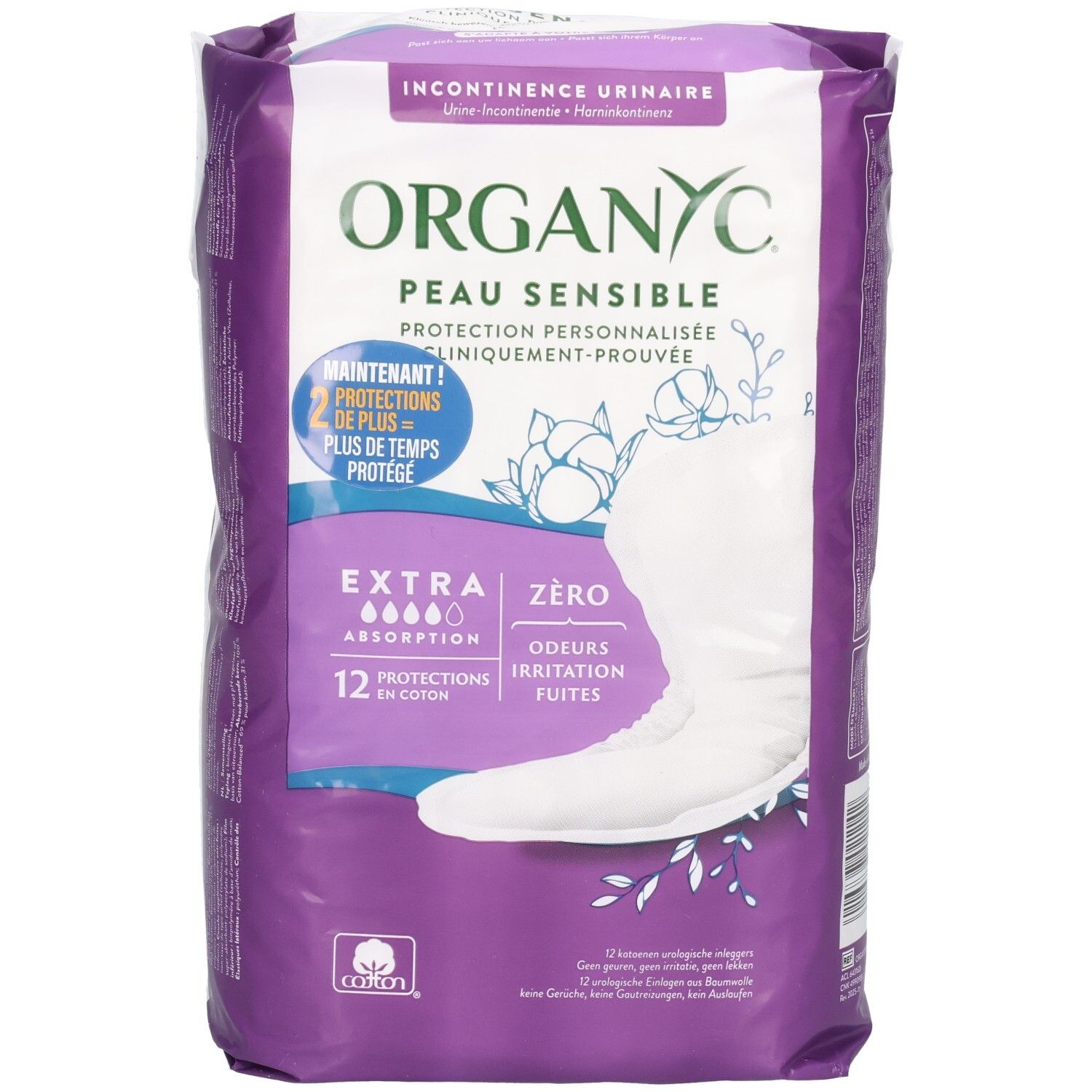 Paquet de protections anti-fuites Organyc. Extra absorption, 12 protections. Peau sensible. Zéro odeurs et irritations.