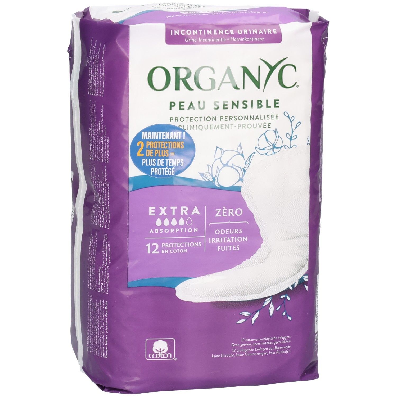 Paquet de protections anti-fuites Organyc. Extra absorption, 12 protections. Peau sensible. Zéro odeurs et irritations.