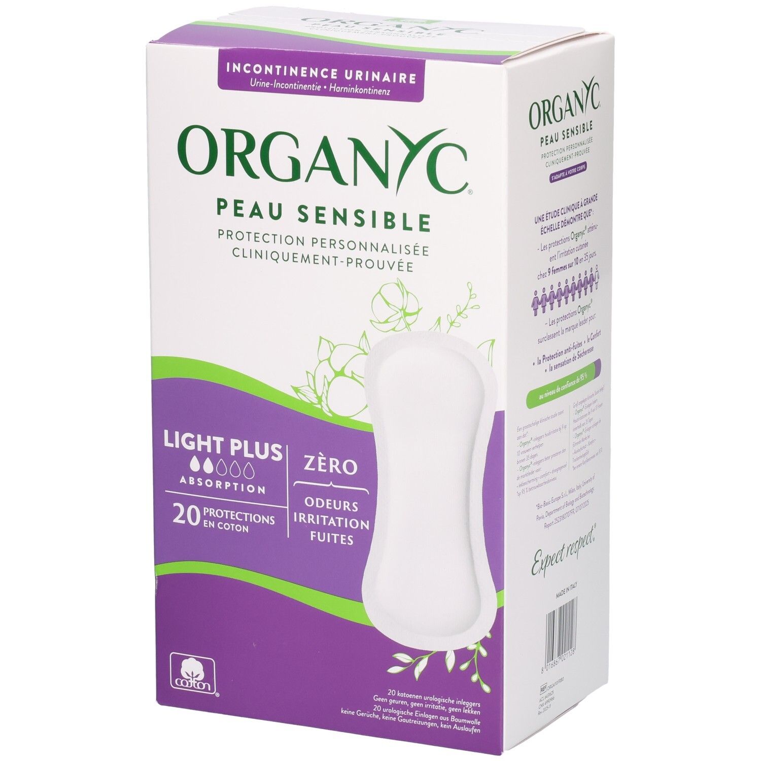 Organyc Peau Sensible Light Plus protège-slips, 20 pièces. Absorbants, sans odeur, sans irritation.