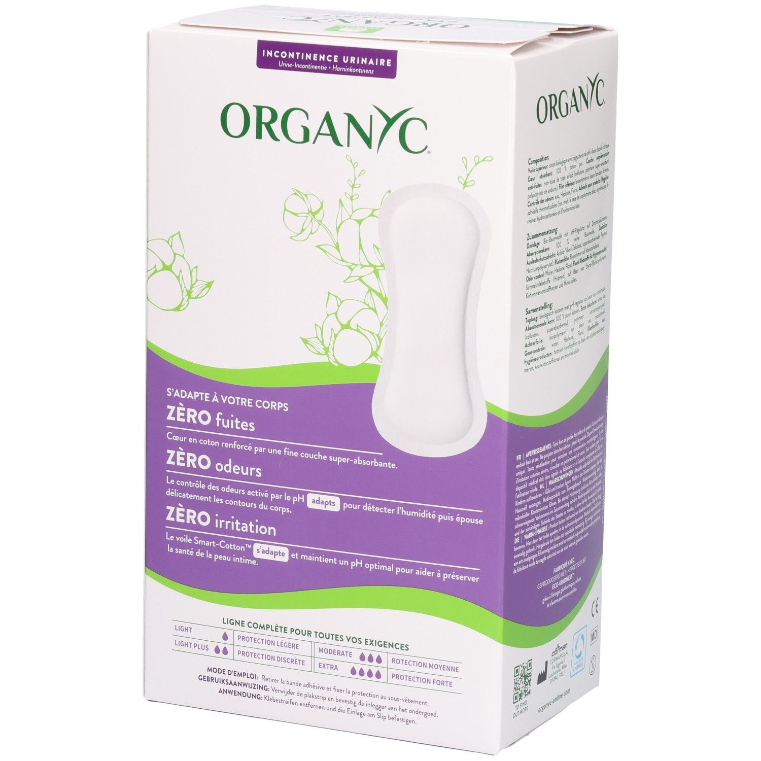 Côté de l'emballage Organyc Peau Sensible Light Plus avec caractéristiques du produit.