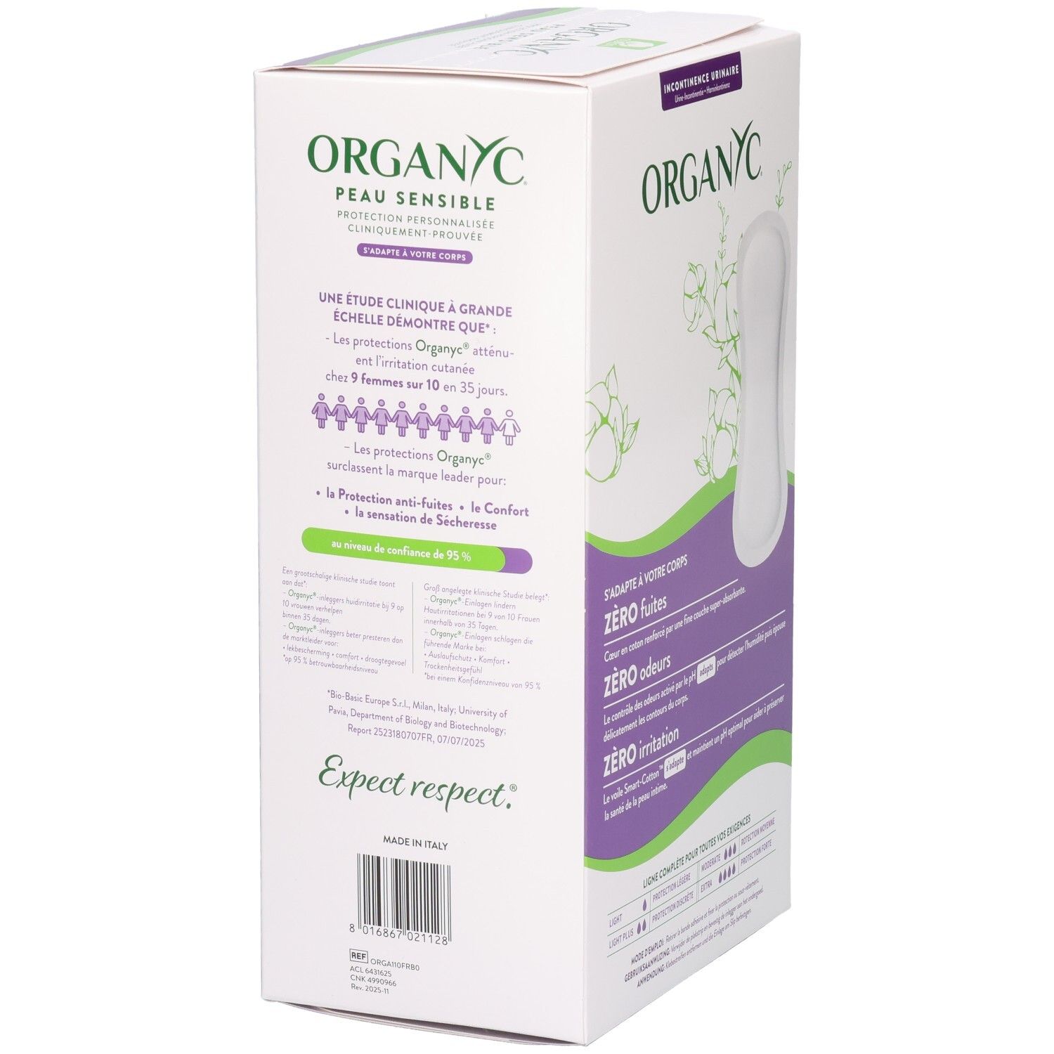 Côté de l'emballage Organyc Peau Sensible Light Plus avec détails d'étude clinique.