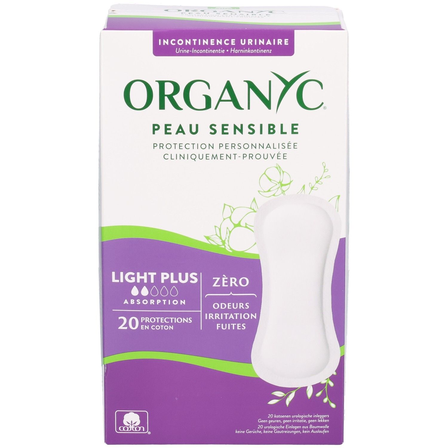 Face avant de l'emballage Organyc Peau Sensible Light Plus avec illustration du produit.