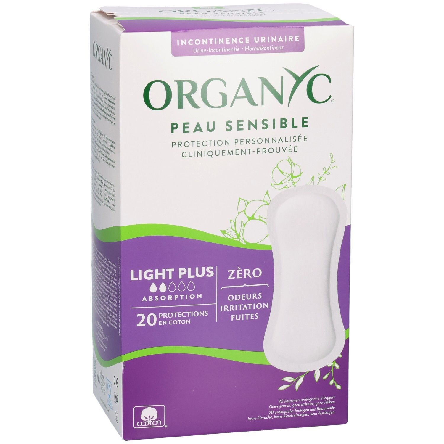 Emballage Organyc Peau Sensible Light Plus, 20 pièces. Avec sceau coton et marquage CE.