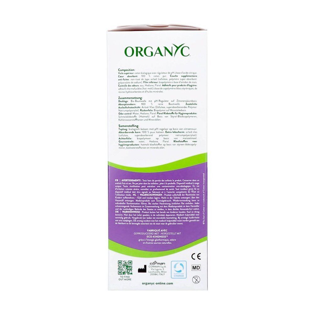 Côté de l'emballage Organyc Peau Sensible Light Plus avec caractéristiques du produit.