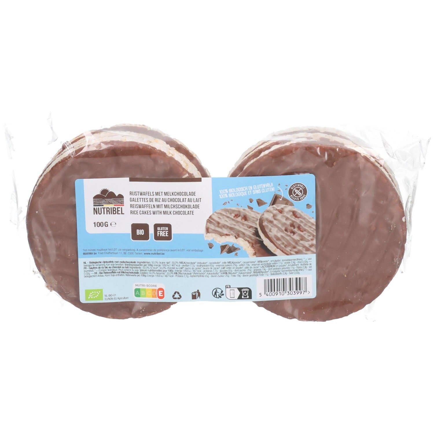 Emballage de galettes de riz au chocolat au lait. Galettes rondes, partiellement recouvertes de chocolat. Certification bio visible.