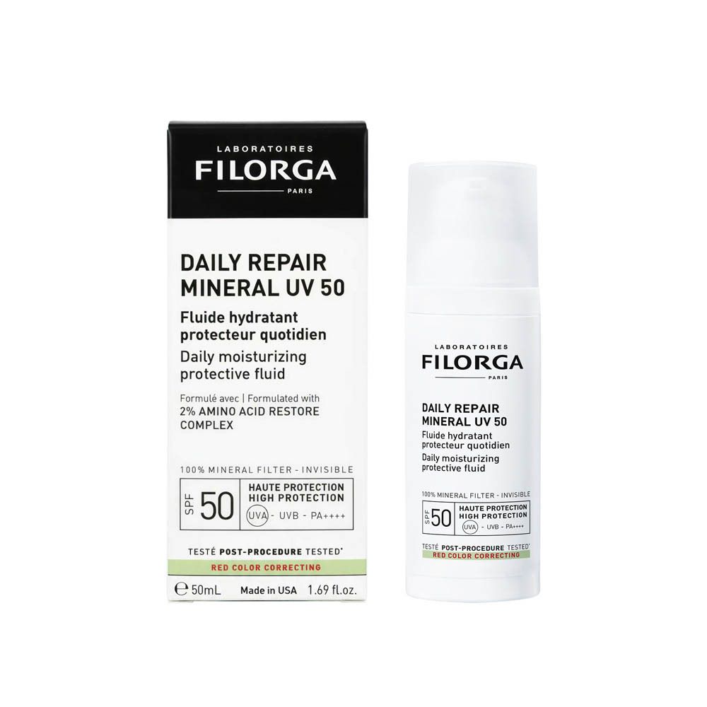 Produit et emballage. Flacon blanc avec pompe doseuse et carton. Inscription : Filorga, Daily Repair Mineral UV 50.