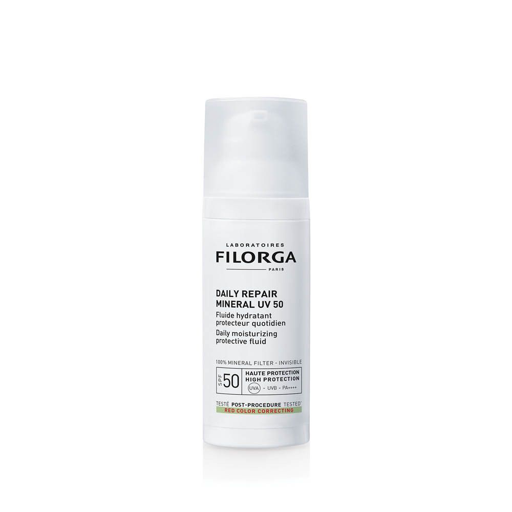 Flacon blanc avec pompe doseuse. Inscription : Filorga, Daily Repair Mineral UV 50, SPF 50+.