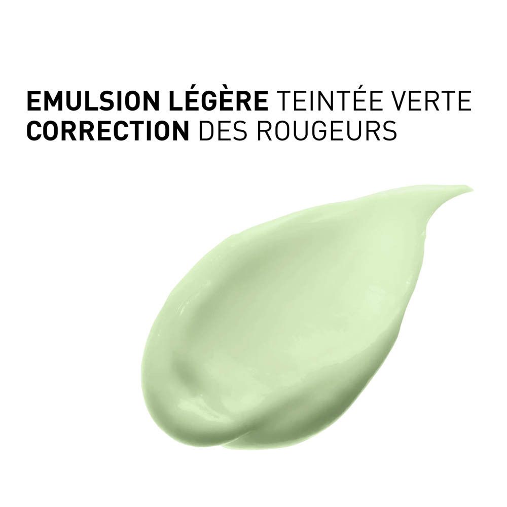 Crème verte sur fond blanc. Texte : Emulsion légère teintée verte.
