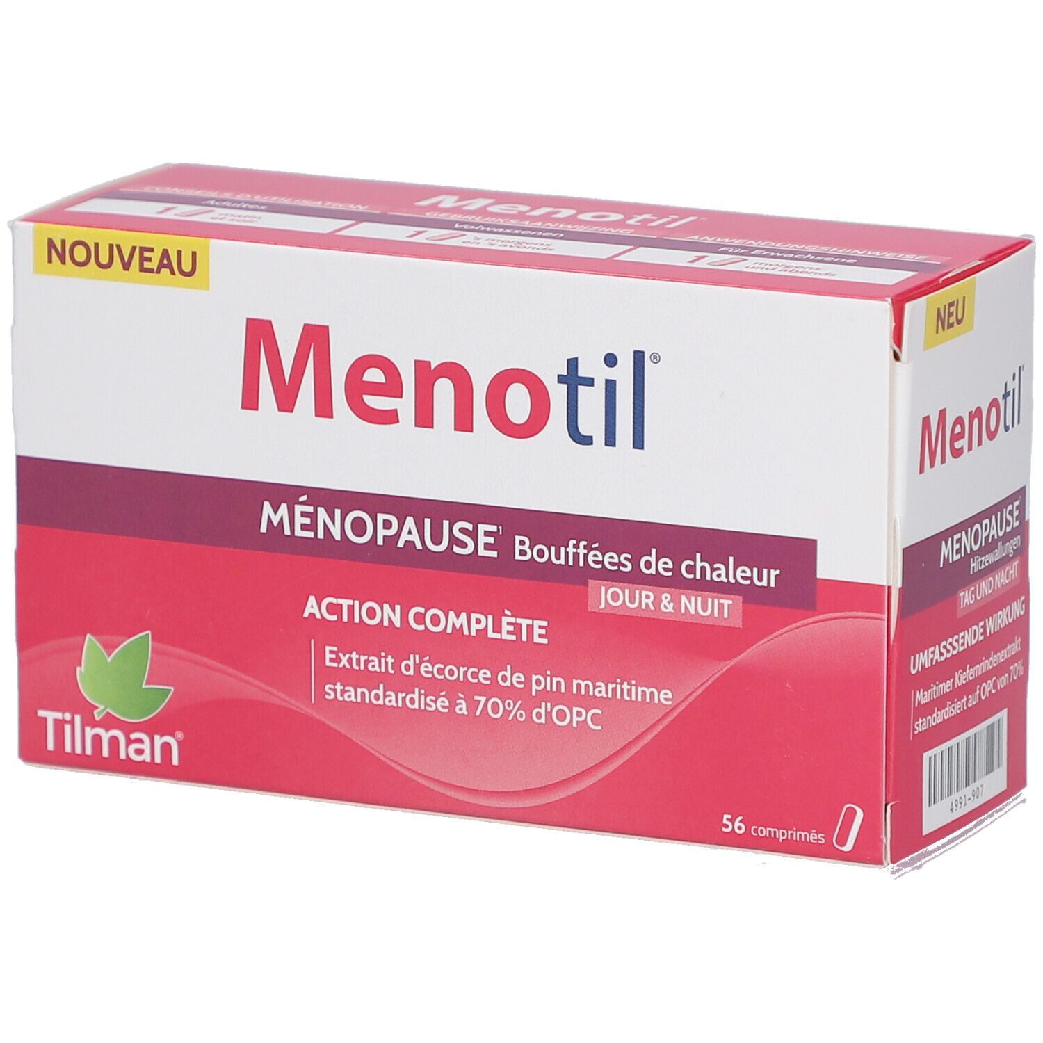 Boîte de Menotil. Inscription: Ménopause, bouffées de chaleur, jour & nuit. Contient 56 comprimés. Marque Tilman.