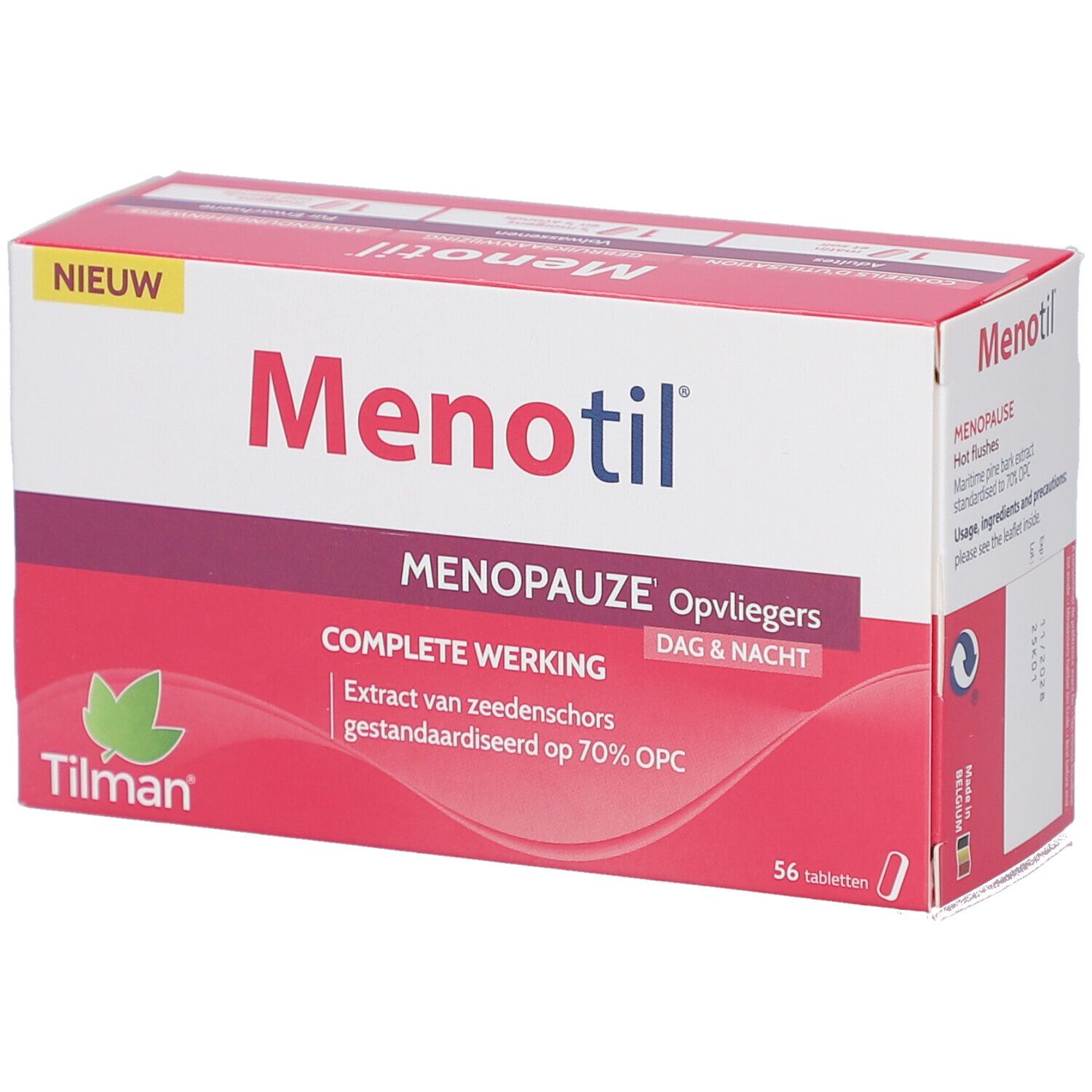 Boîte de Menotil. Inscription: Ménopause, bouffées de chaleur, jour & nuit. Contient 56 comprimés. Marque Tilman.