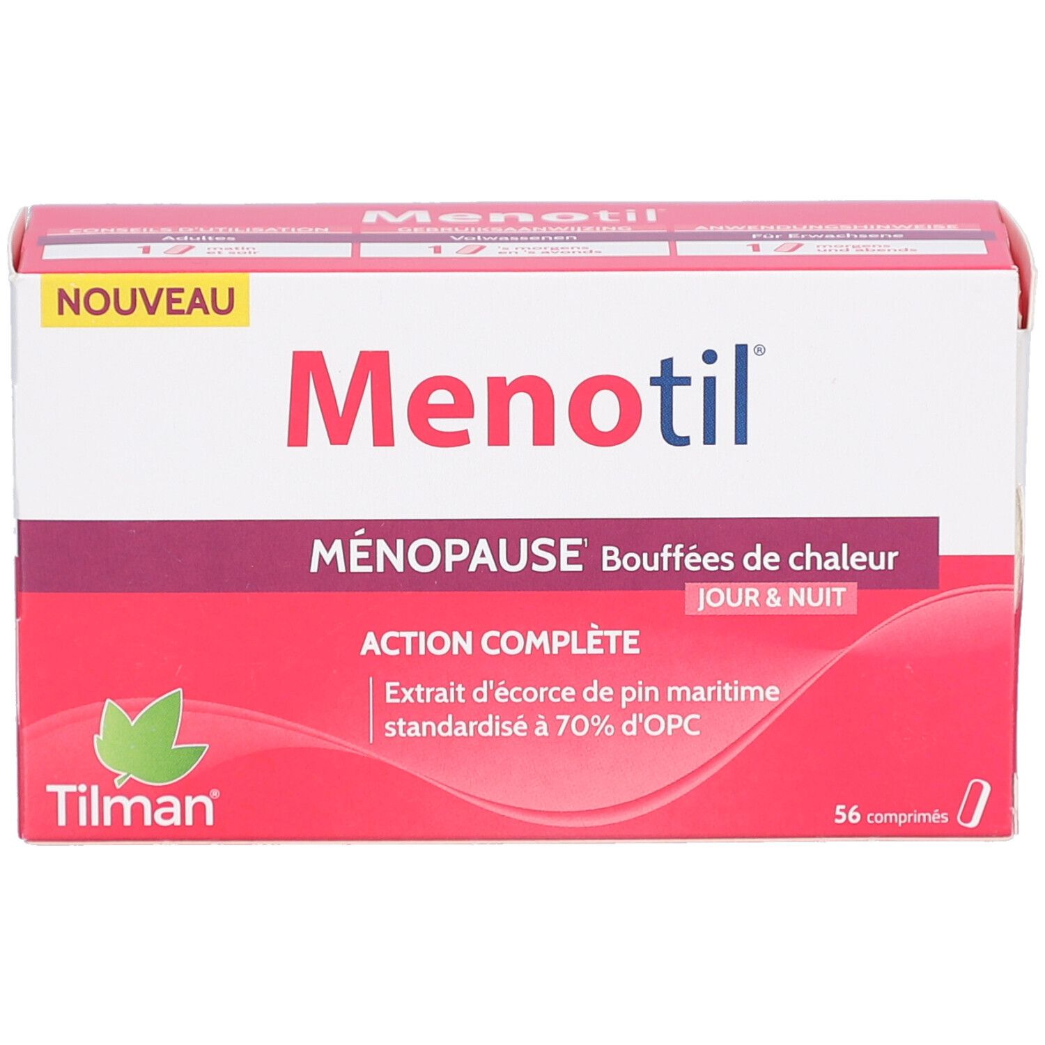 Boîte de Menotil. Inscription: Ménopause, bouffées de chaleur, jour & nuit. Contient 56 comprimés. Marque Tilman.