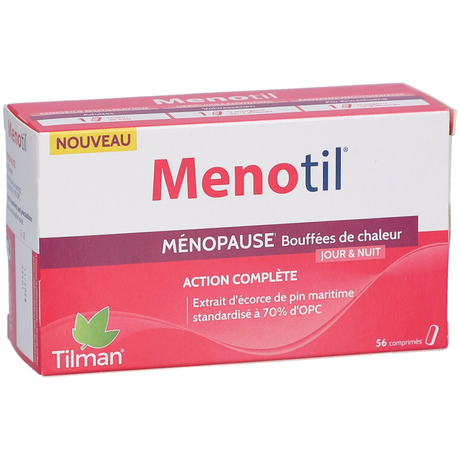 Boîte de Menotil. Inscription: Ménopause, bouffées de chaleur, jour & nuit. Contient 56 comprimés. Marque Tilman.