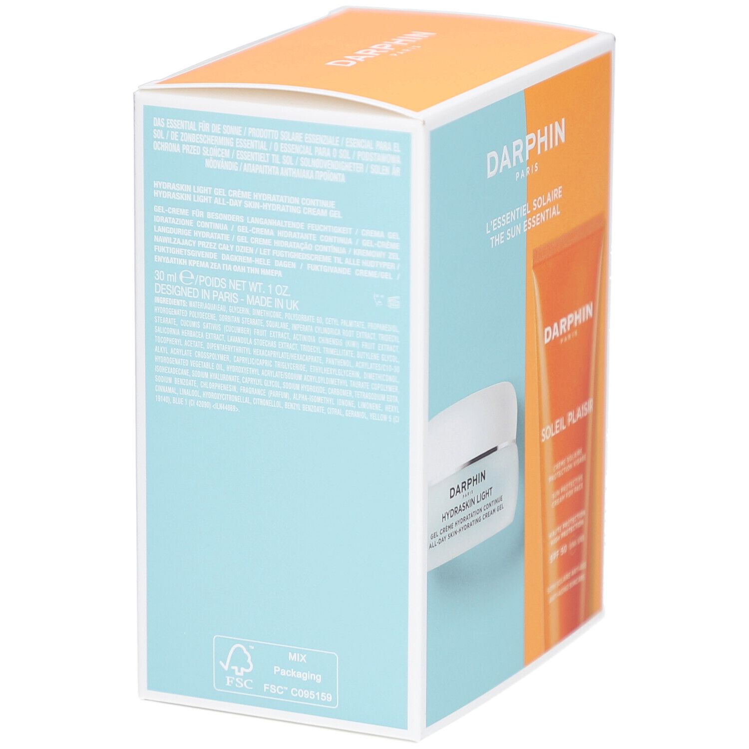 Dos du coffret Darphin L'essentiel Solaire. Texte multilingue. Zones bleues et oranges.