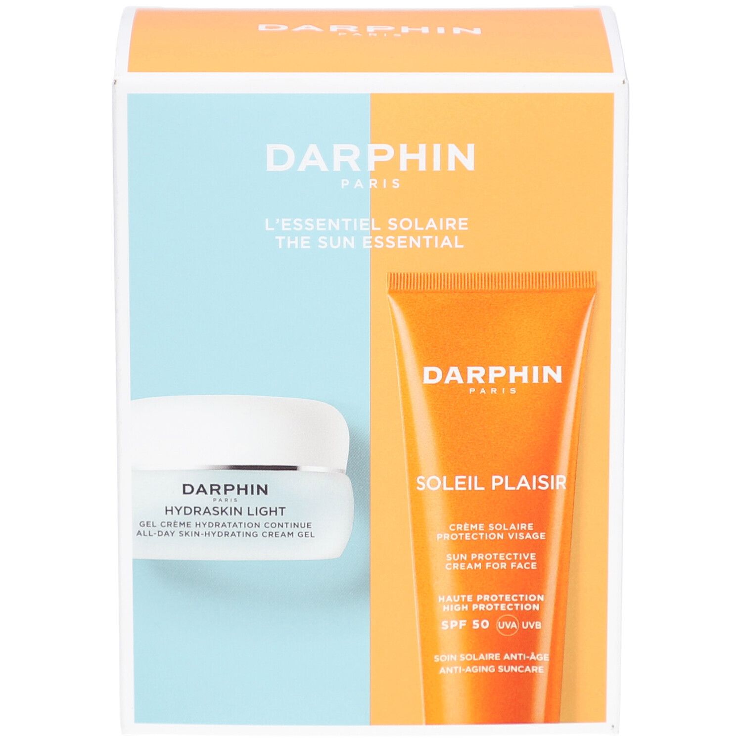 Coffret Darphin L'essentiel Solaire. Contient crème solaire et Hydraskin Light. Couleurs orange et bleu.