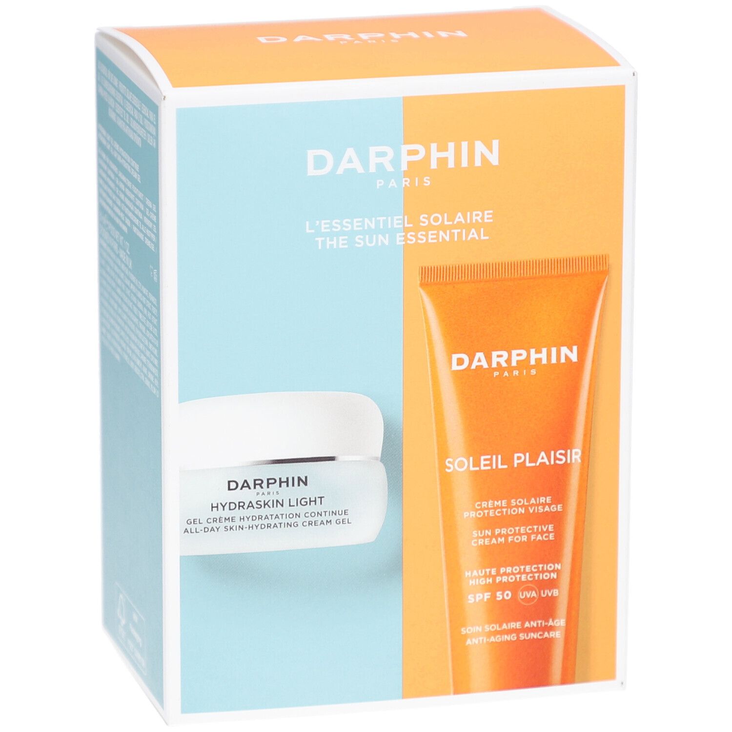 Coffret Darphin L'essentiel Solaire. Contient crème solaire et Hydraskin Light. Couleurs orange et bleu.