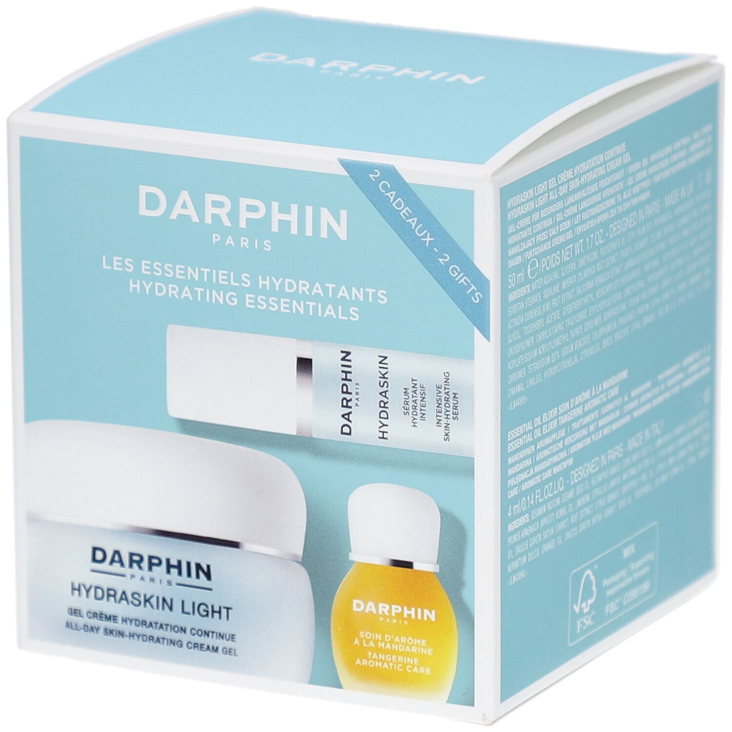 Coffret cadeau avec sérum, crème et huile. Inscription: Darphin Paris, Hydraskin Light, Hydrating Essentials. Emballage bleu clair.