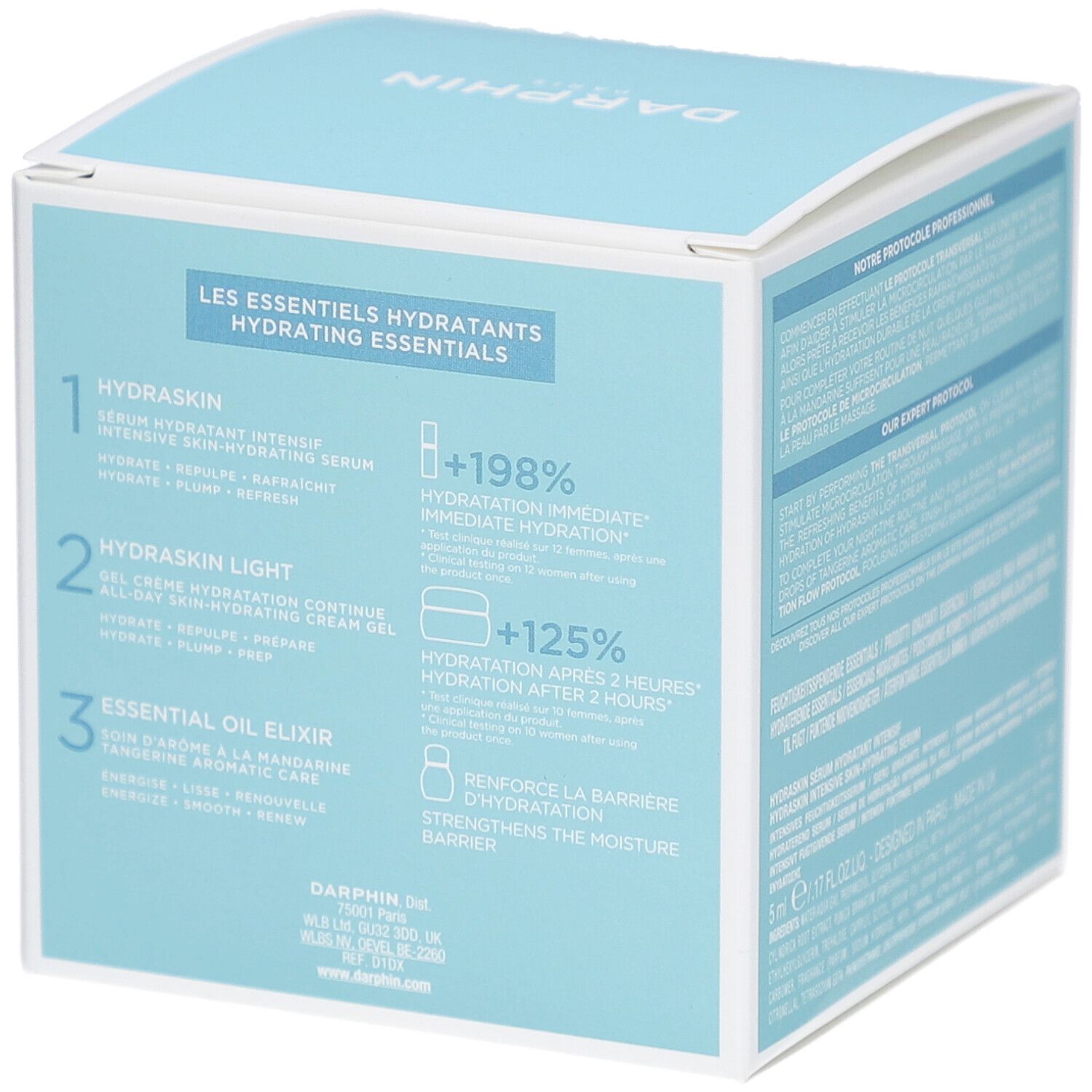 Dos du coffret cadeau. Texte multilingue. Inscription: Darphin Paris, Hydrating Essentials. Emballage bleu clair.