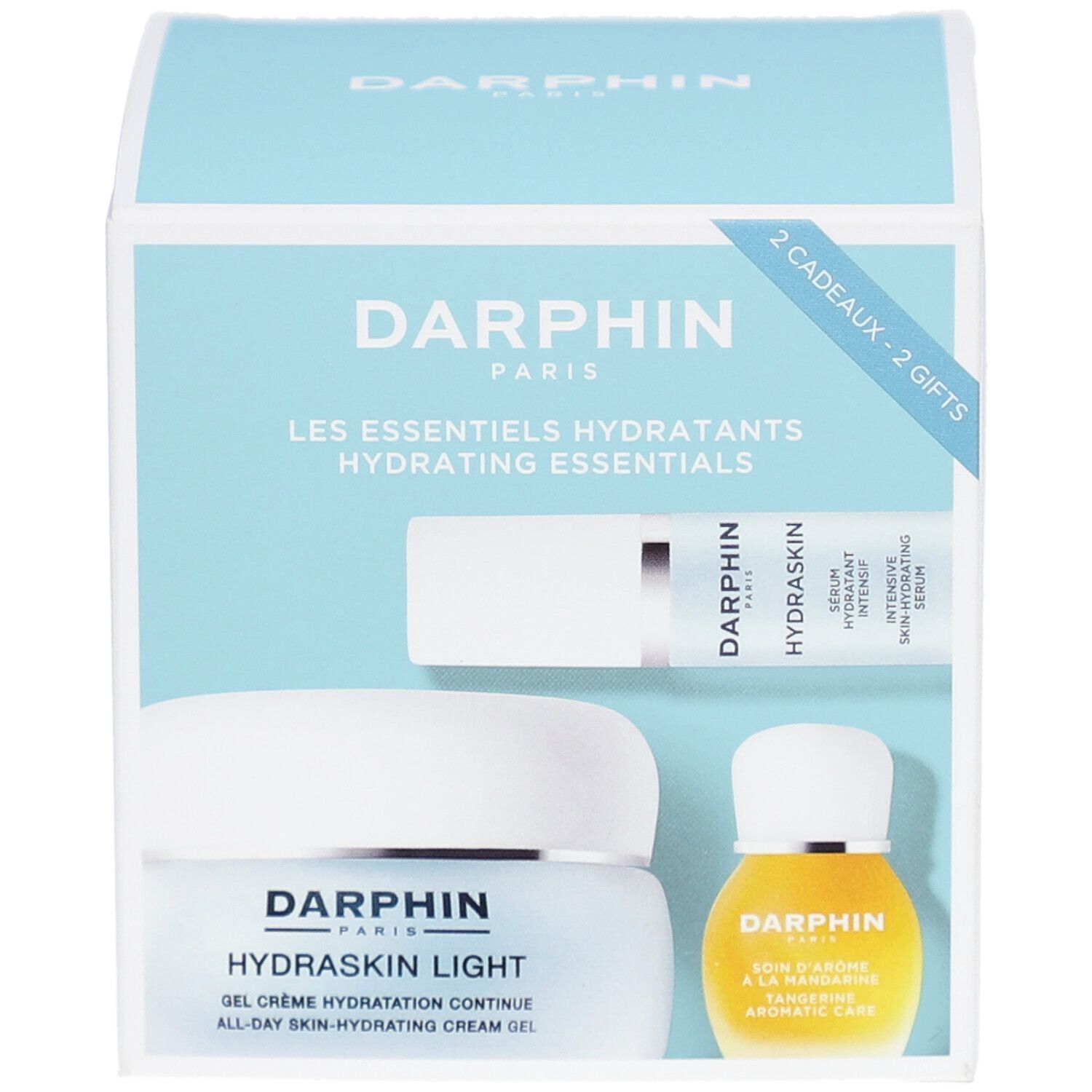 Coffret cadeau avec sérum, crème et huile. Inscription: Darphin Paris, Hydraskin Light, Hydrating Essentials. Emballage bleu clair.