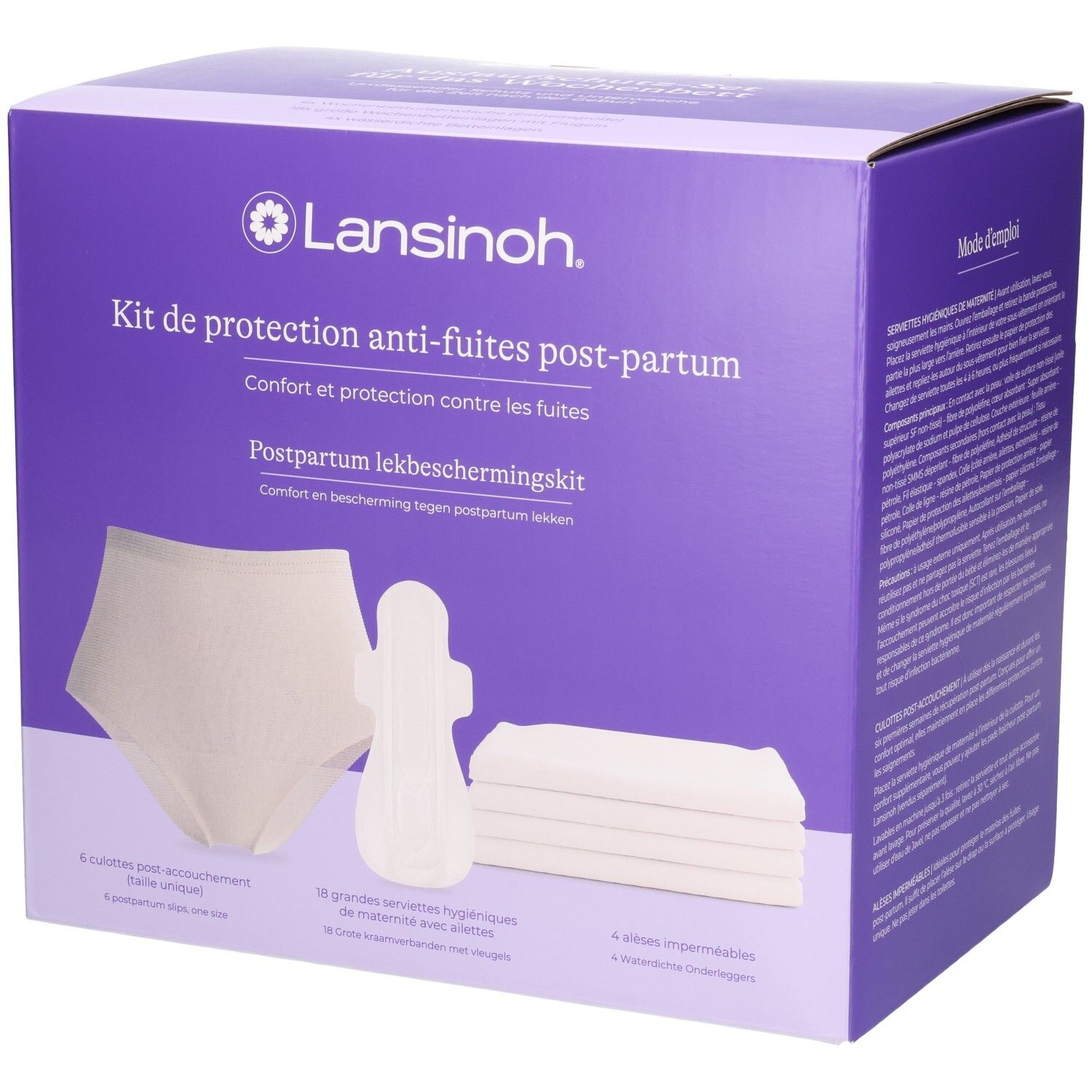 Kit de protection post-partum Lansinoh : culotte, 18 serviettes, 4 protections imperméables.