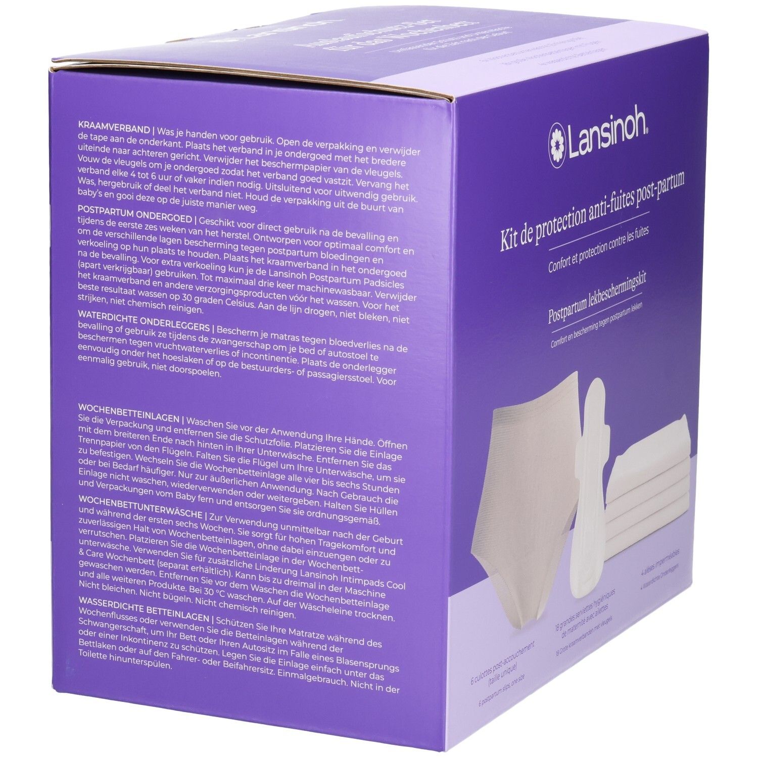 Kit de protection post-partum Lansinoh : arrière avec instructions et informations produit.