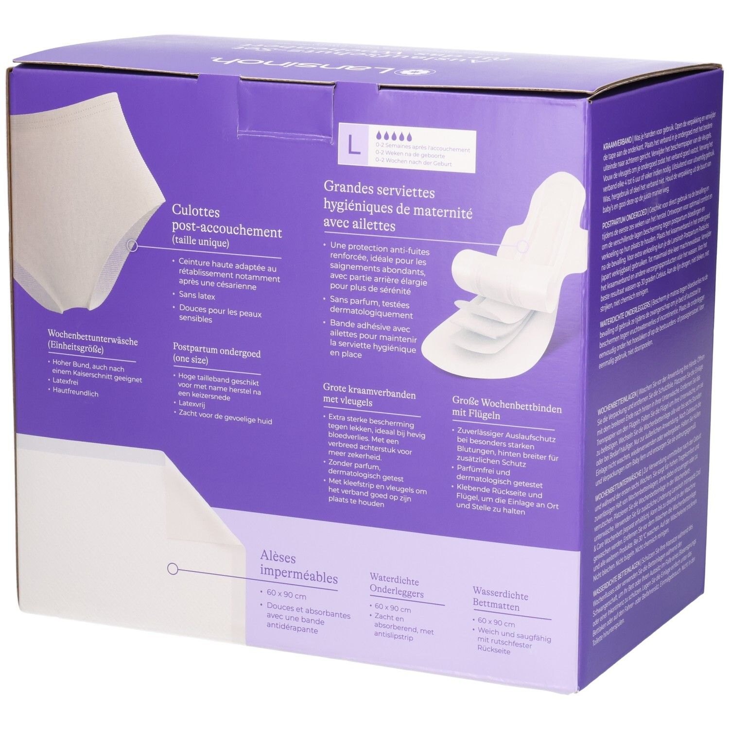 Kit de protection post-partum Lansinoh : arrière avec détails sur culotte, serviettes et protections.