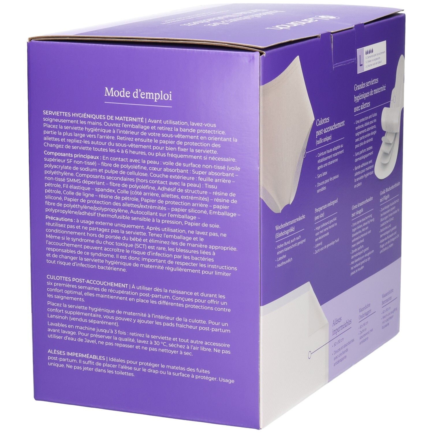 Kit de protection post-partum Lansinoh : avant avec instructions et illustrations produit.