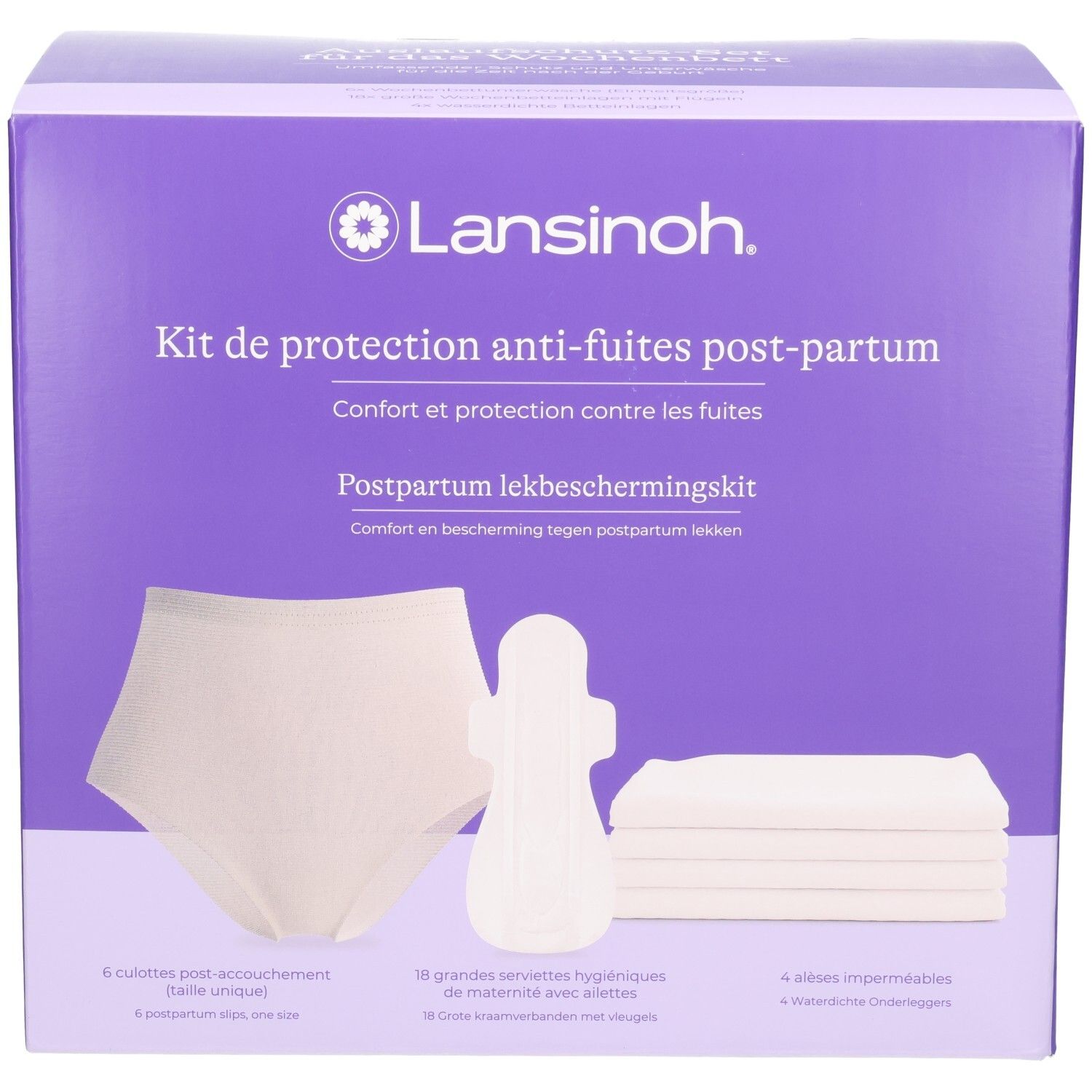 Kit de protection post-partum Lansinoh : culotte, 18 serviettes, 4 protections imperméables.