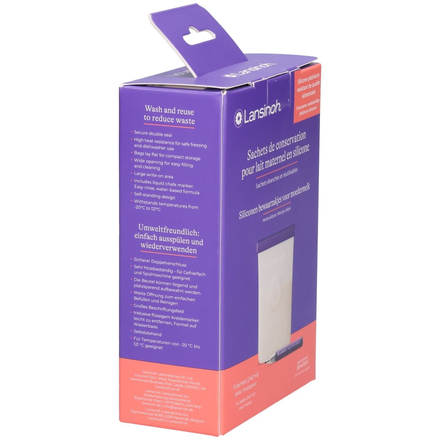 Sachets Lansinoh en silicone pour lait maternel, 3 pièces (240 ml) avec marqueur.