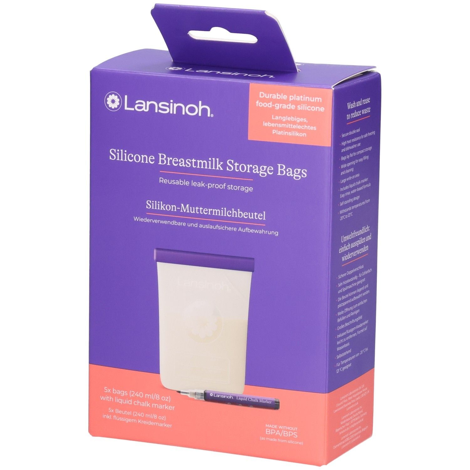 Sachets Lansinoh en silicone pour lait maternel, 3 pièces (240 ml) avec marqueur.