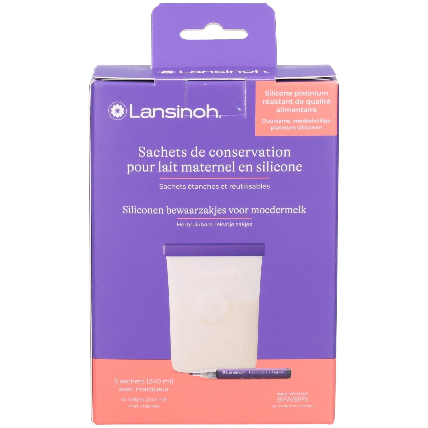 Sachets Lansinoh en silicone pour lait maternel, 3 pièces (240 ml) avec marqueur.