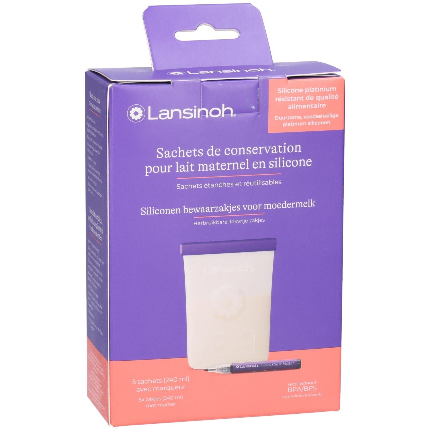 Sachets Lansinoh en silicone pour lait maternel, 3 pièces (240 ml) avec marqueur.