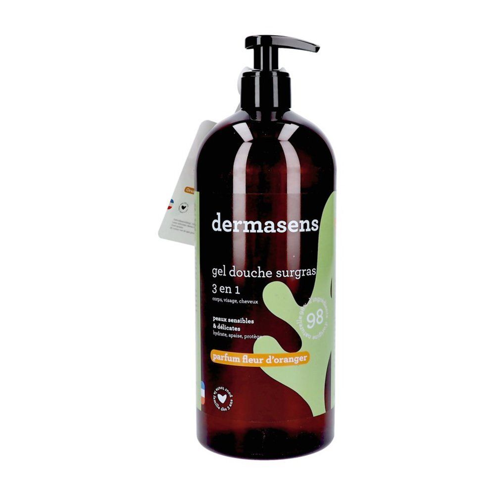 Dermasens Gel douche 3-en-1, vue latérale. Flacon brun avec pompe.