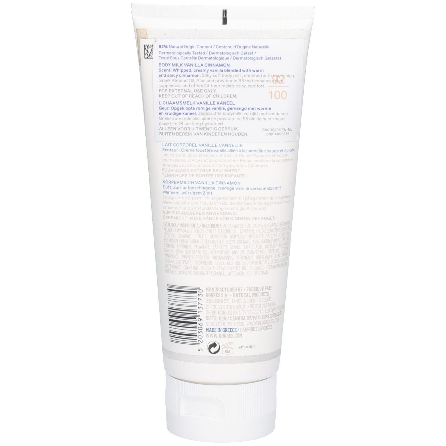 Dos du tube de lait corporel Korres Kb Vanille Cannelle. Texte avec informations produit et ingrédients sur fond blanc.