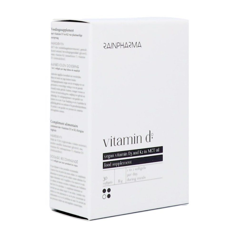 Boîte Rainpharma Vitamine D, face avant avec "vitamine D3 et K2 végétaliennes en huile MCT".