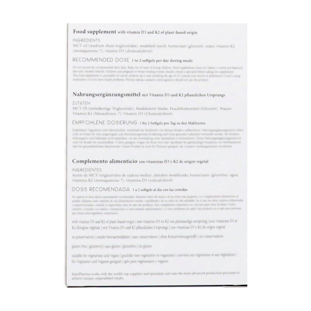 Boîte Rainpharma Vitamine D, vue latérale avec ingrédients et dosage.